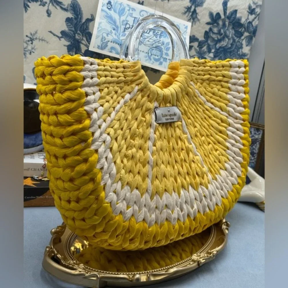 🆕 KATE SPADE NEW YORK 🧿 NWOT Picnic Perfect Lemon Woven Straw Tote Bag *FLAW*